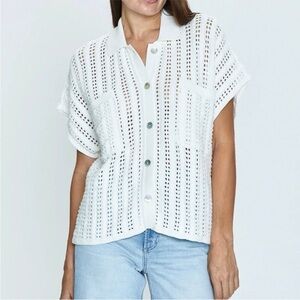 Pistola Lola Open-Knit Button-Front Crochet Cardigan Sweater Ecru Cream Small